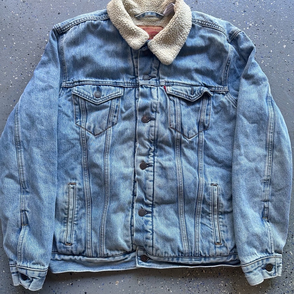 Levi's Sherpa Jean Trucker Jacket Mens Large Light Blue Sherpa Lined Vintage - Picture 3 of 8